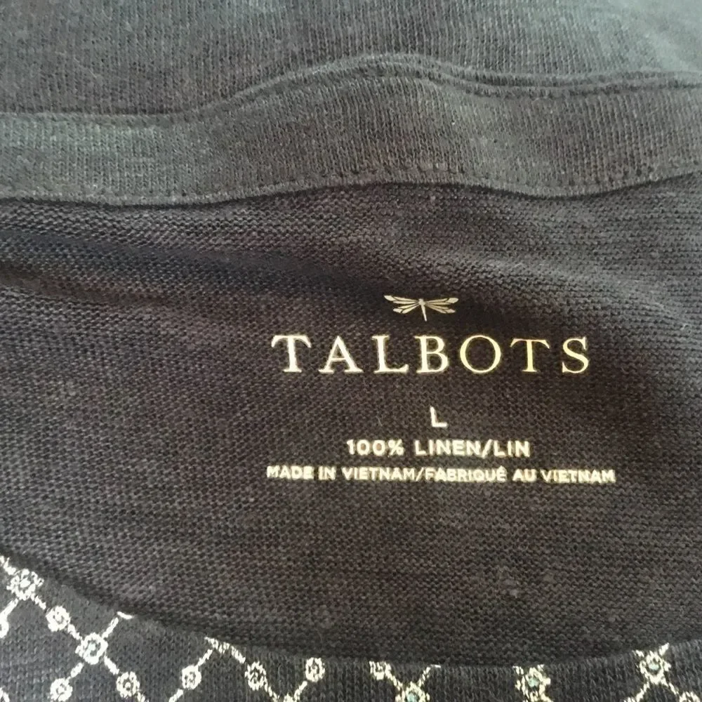 Talbots Women’s Sz L Navy Print Linen Blouse - Picture 6 of 8
